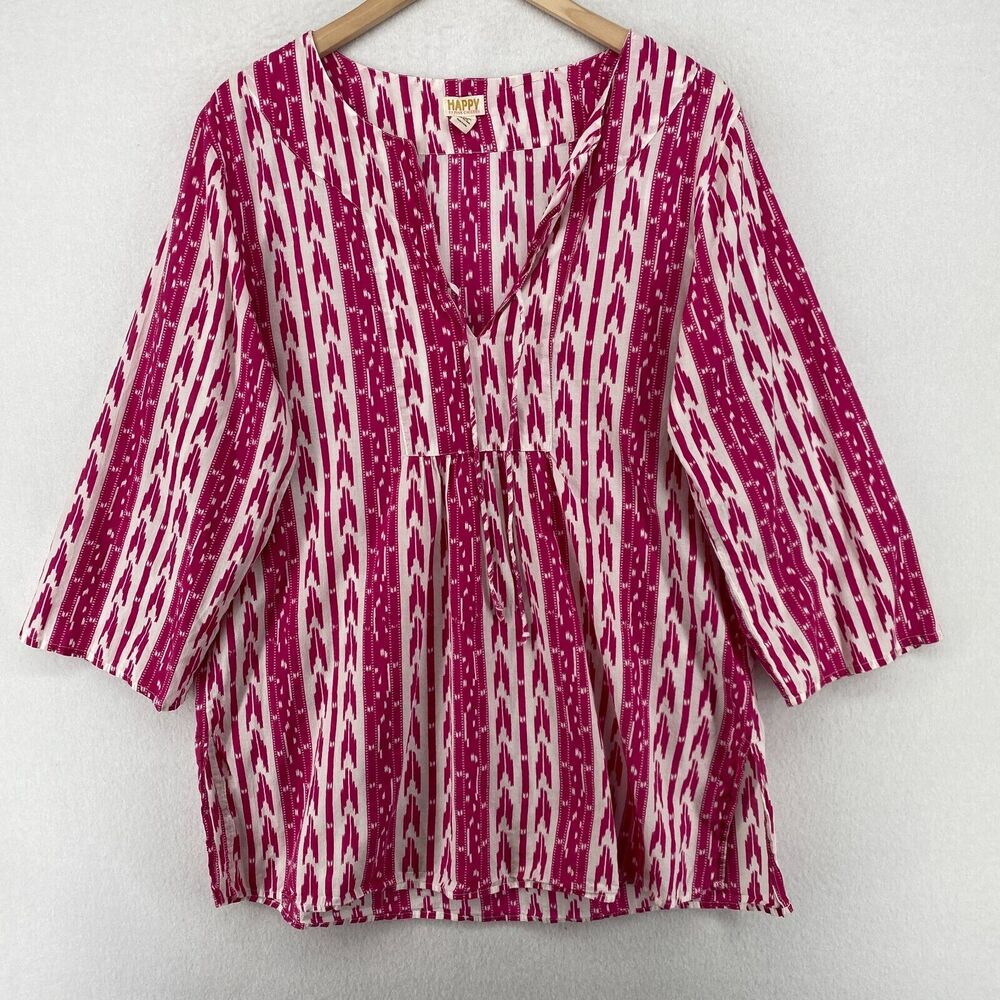 HAPPY PINK CHICKEN Top Womens L Southwestern Tie Neck Tunic 3/4 Sleeve Cotton